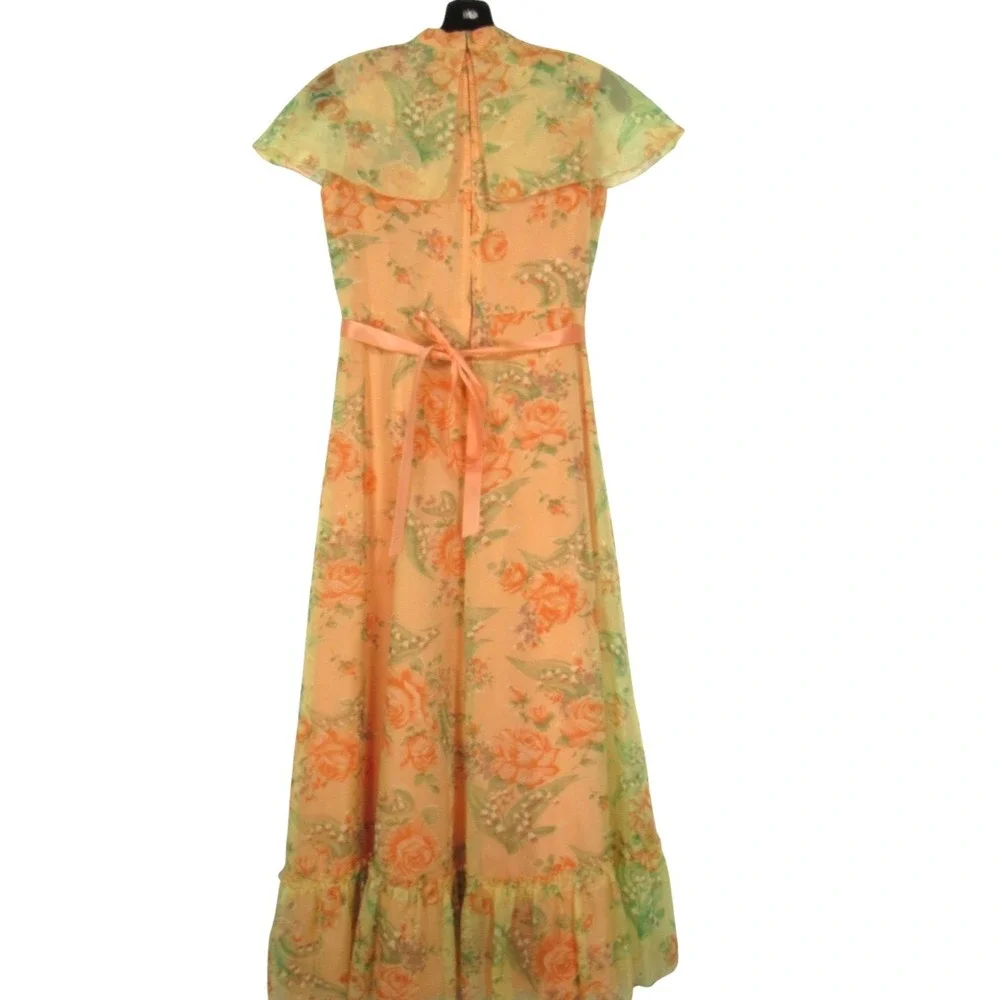 VTG Lined CHIFFON Orange/Yellow FLORAL Party CAPELET DRESS Bust-31